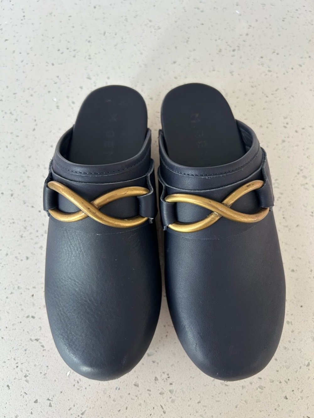 M.Gemi Miriam Leather Mule Clogs Navy Blue Gold Horsebit Size 36 Made in Italy